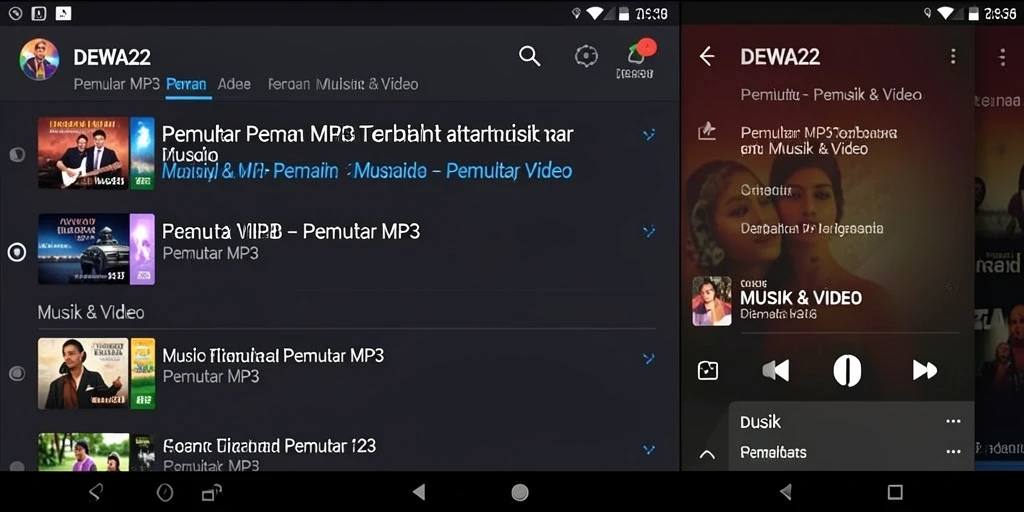 Screenshot aplikasi DEWA22 menunjukkan tampilan Pemutar MP3 yang menarik.