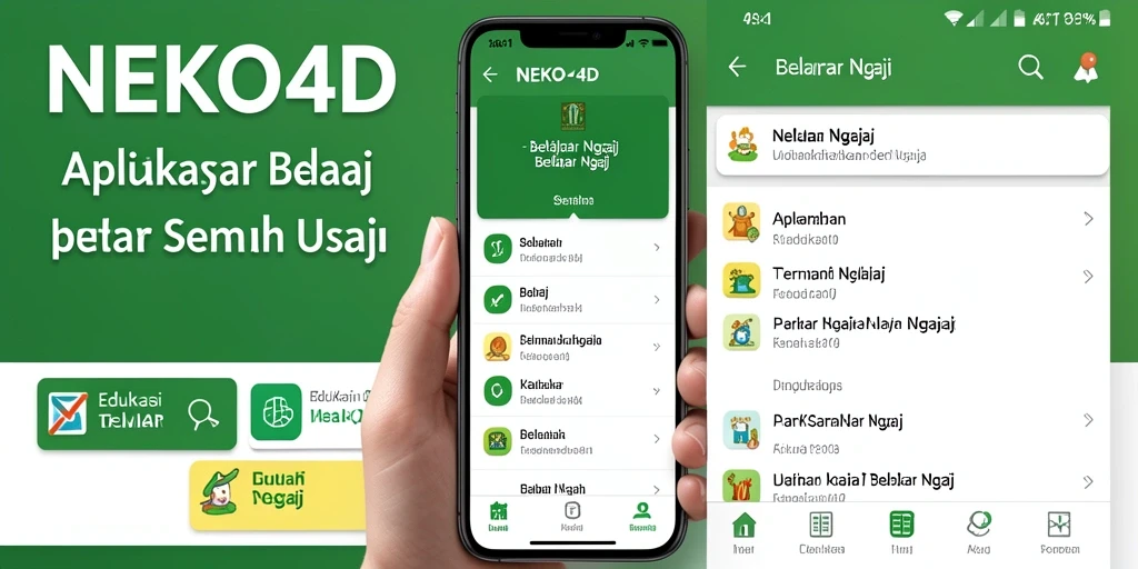 Screenshot aplikasi NEKO4D menampilkan antarmuka belajar ngaji yang interaktif.