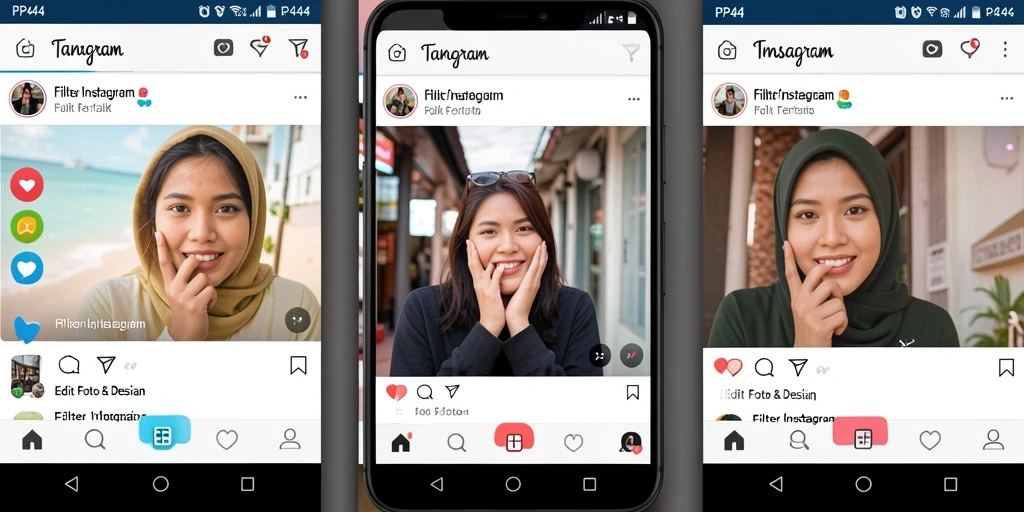 Antarmuka aplikasi PP444 dengan filter Instagram yang menarik dan fungsional.